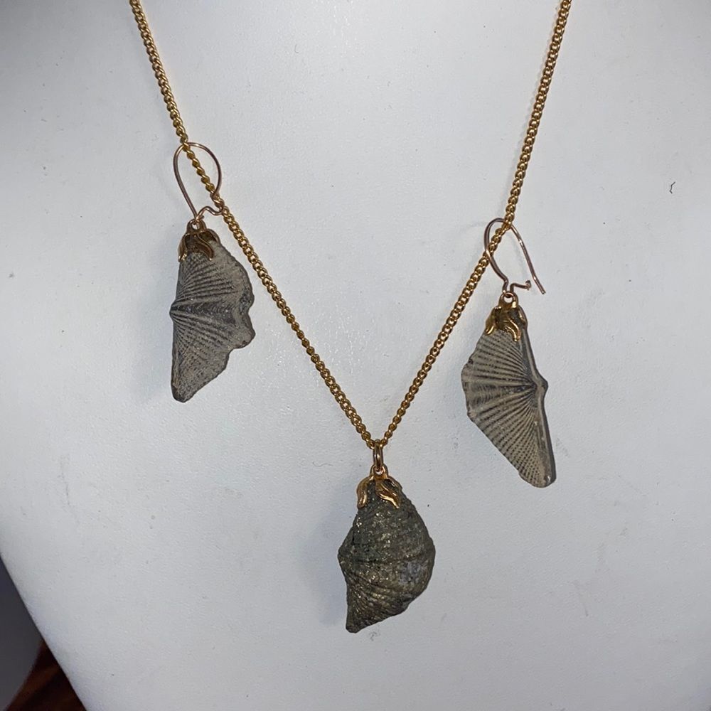 Vintage 3-Pc Real Fossil Sea Shell Necklace Earring Set Gold Filled Bivalve Snai